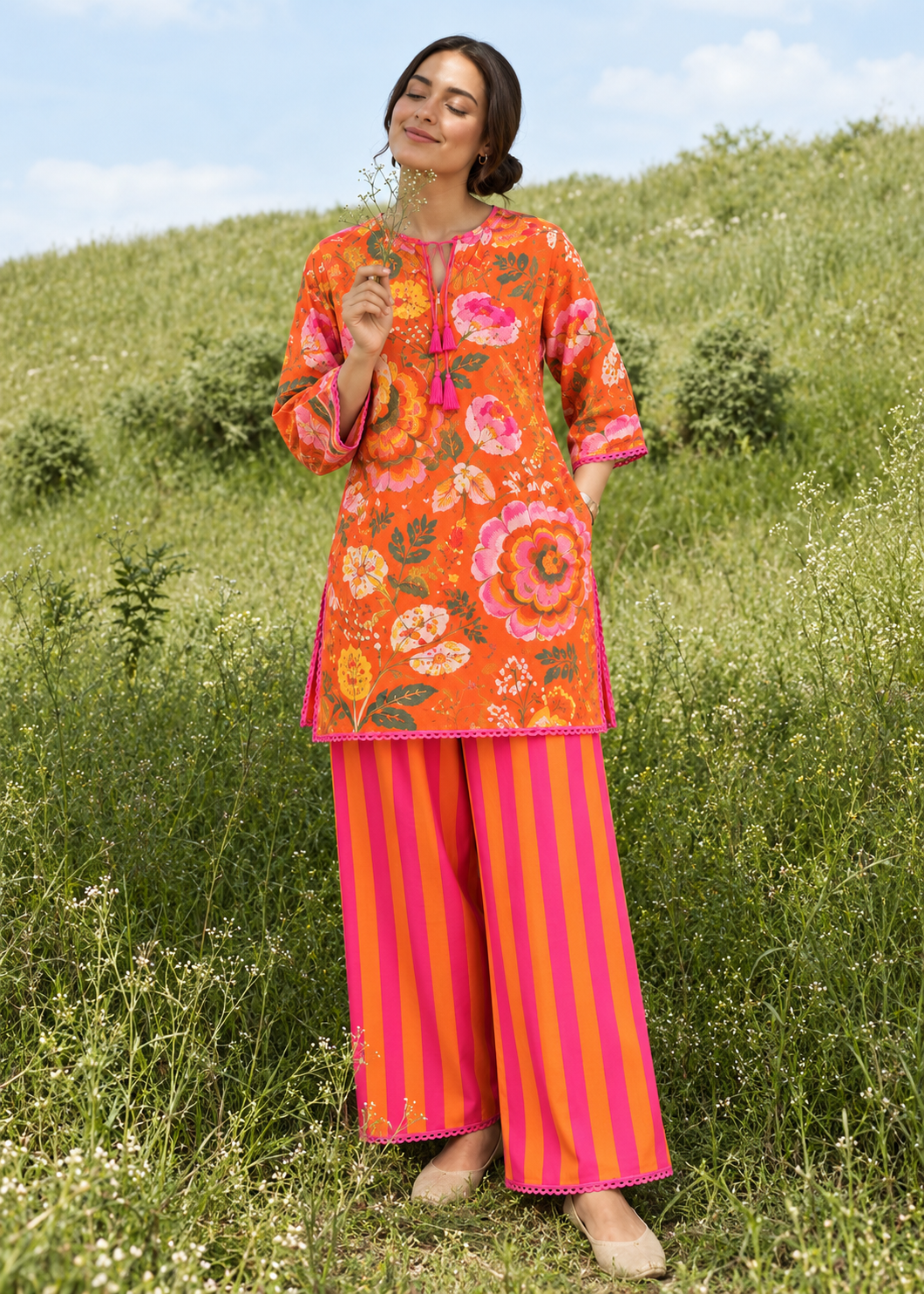 Tangerine Phoolwari cotton palazzo co-ord set with floral kurta and striped palazzos