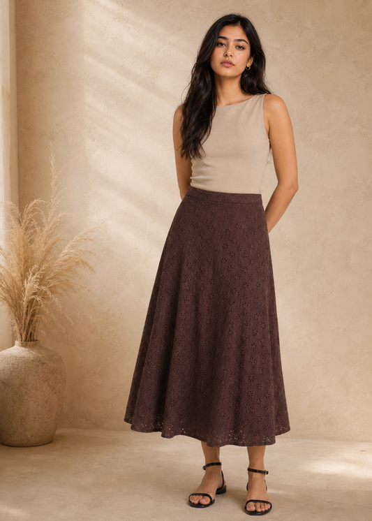 Mocha Bloom Schiffli Skirt