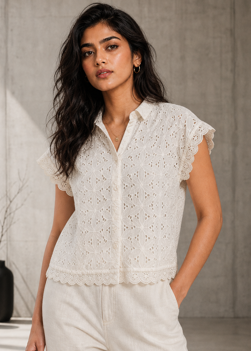 Ivory Bloom Schiffli Shirt