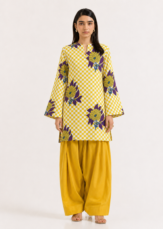 Floral Gingham Yellow Pure Cotton Farshi Salwar Co-Ord Set