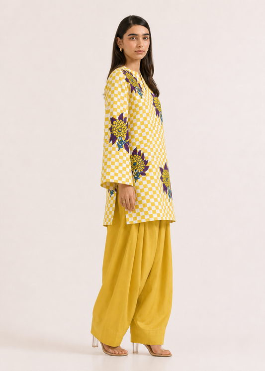 Floral Gingham Yellow Pure Cotton Farshi Salwar Co-Ord Set