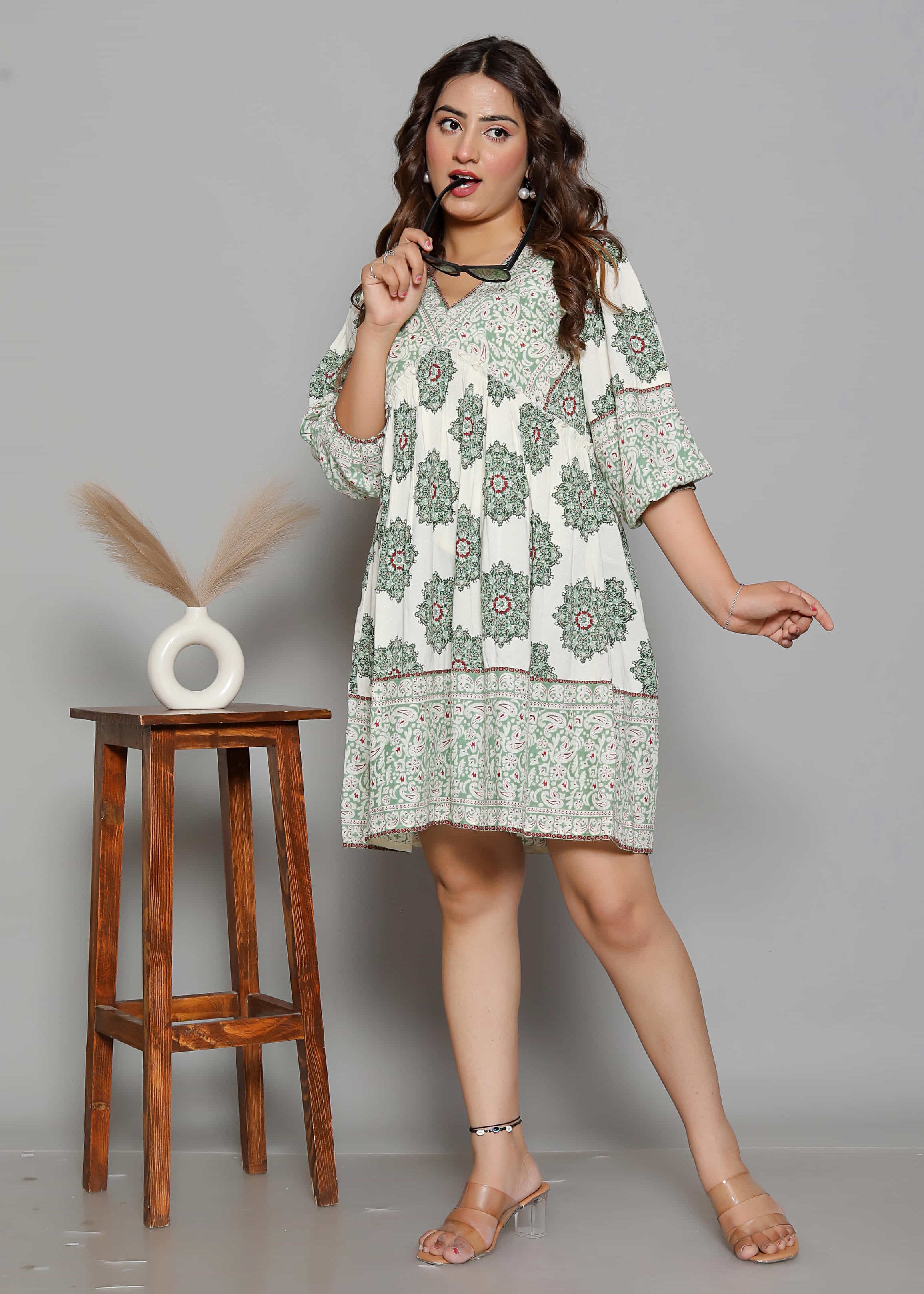 Sage Paisley Printed Tiered Mini Dress