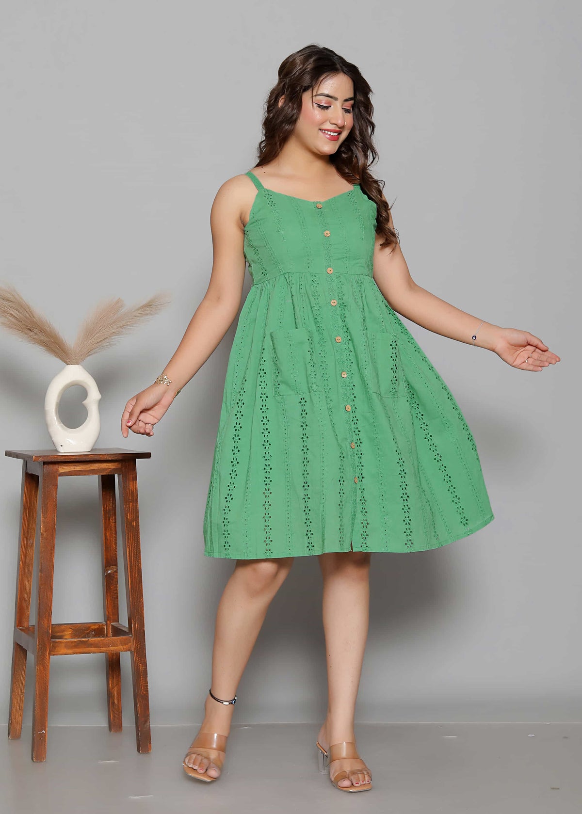 Green Cotton A-Line Dress